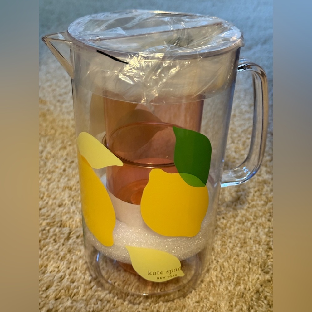 kate spade Clear Glass Pitcher with Yellow Lemon and Green Leaf Motif